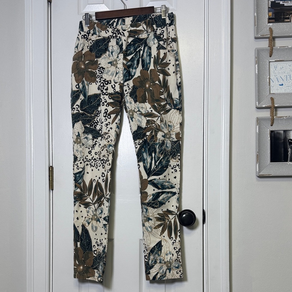 Made in Italy Botanical Leaf Print Pants Elastic Waist Tapered Leg Boho Resort - Picture 3 of 7
